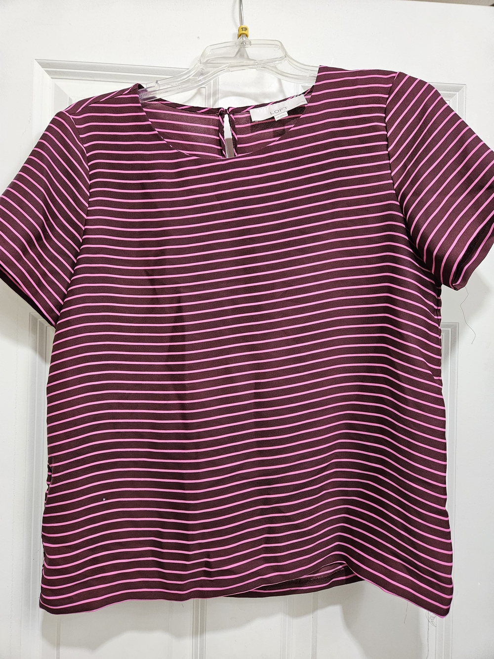 LOFT Berry and Light Pink Striped Short-Sleeve Blouse